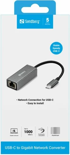 Adapter rrjeti USB-C Gigabit Sandberg 136-04, alumin, gri