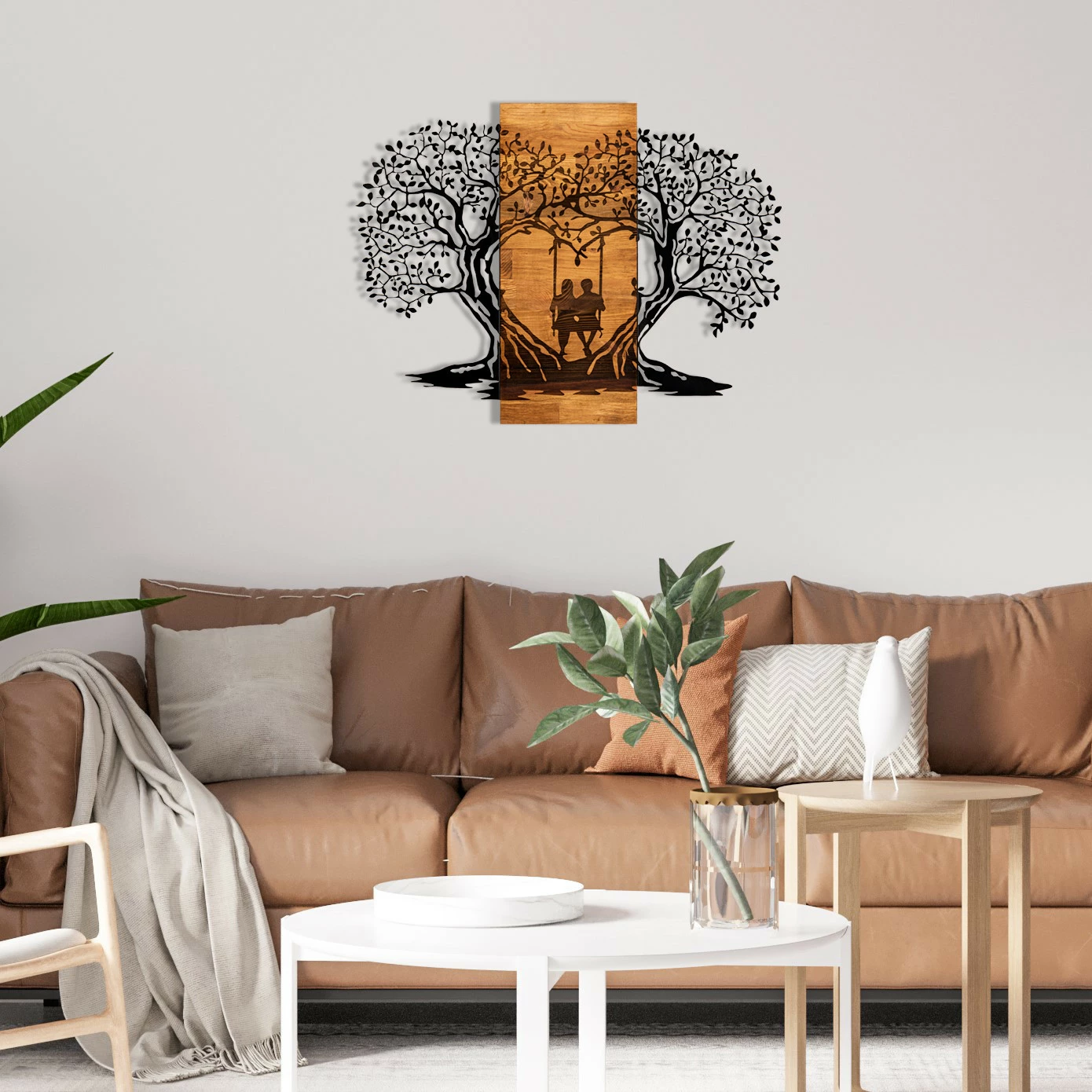 Aksesor dekorativ për mur, dru dhe metal, Wallity Eva, ngjyrë e zezë dhe arre, 76x58cm