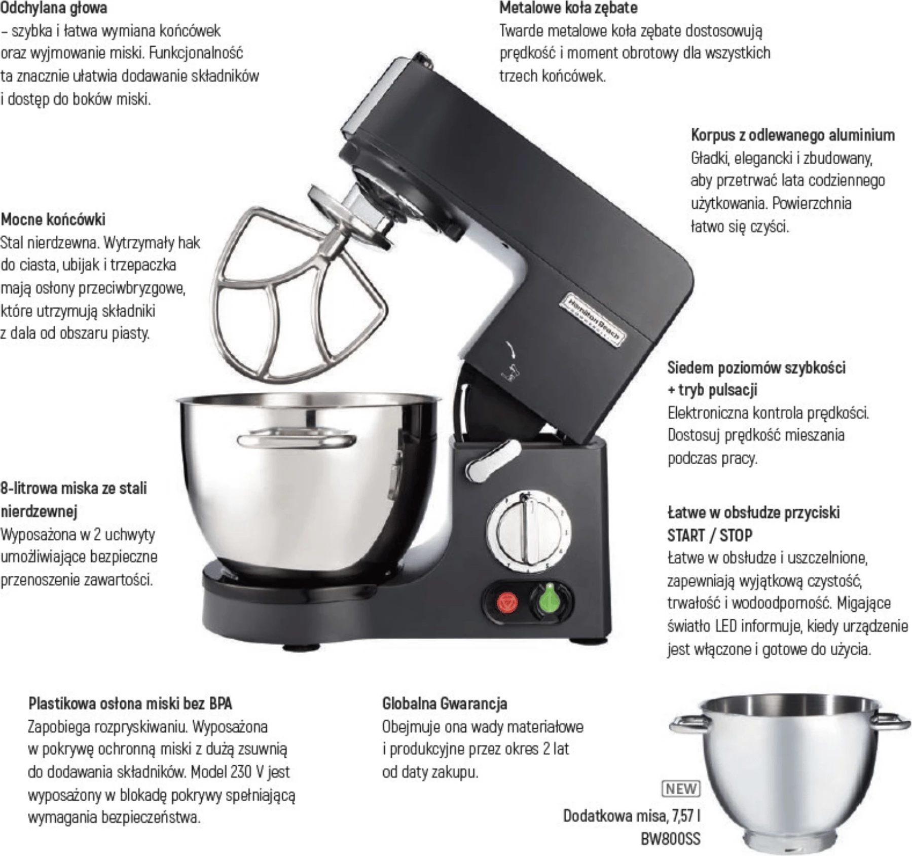 Mikser tavoline Hamilton Beach Commercial CPM800 8 L, 7 shpejtësi, çelik inox, 350x430x400 mm