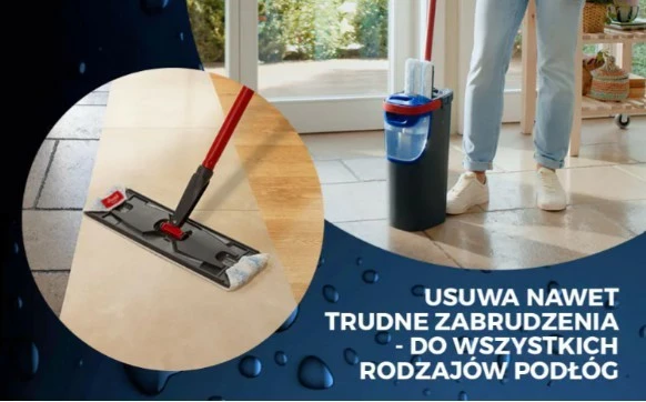 Mop i sheshtë, Vileda H2prO 175774, sistem ndarje uji, kokë 360°, dorezë 130 cm, e zezë/e kuqe