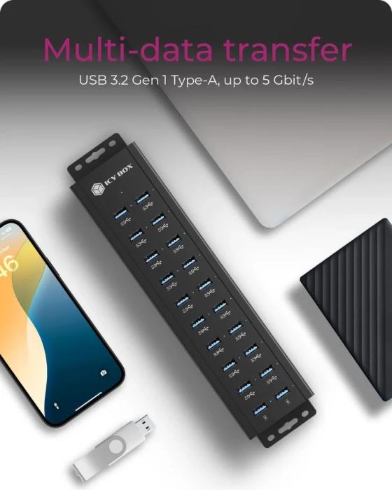 USB hub ICYBOX IB-HUB1720-U3, 20-në-1 (18x USB-A data + 2x USB-A karikim), USB 3.0, alumin, i zi, set me kabllo & furnizues rryme