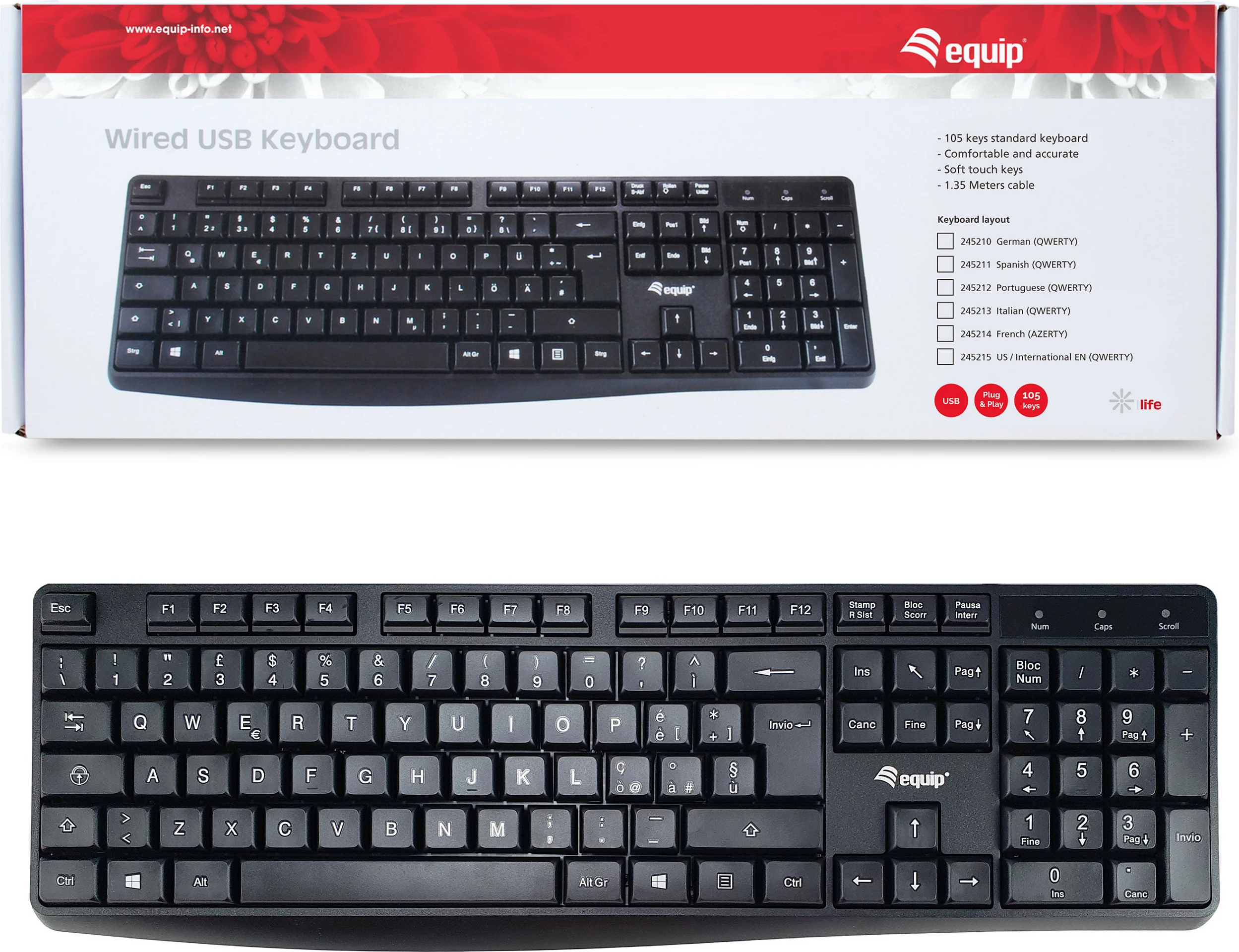 Tastierë EQUIP 245213, full-size, USB, QWERTY, italisht, e zezë