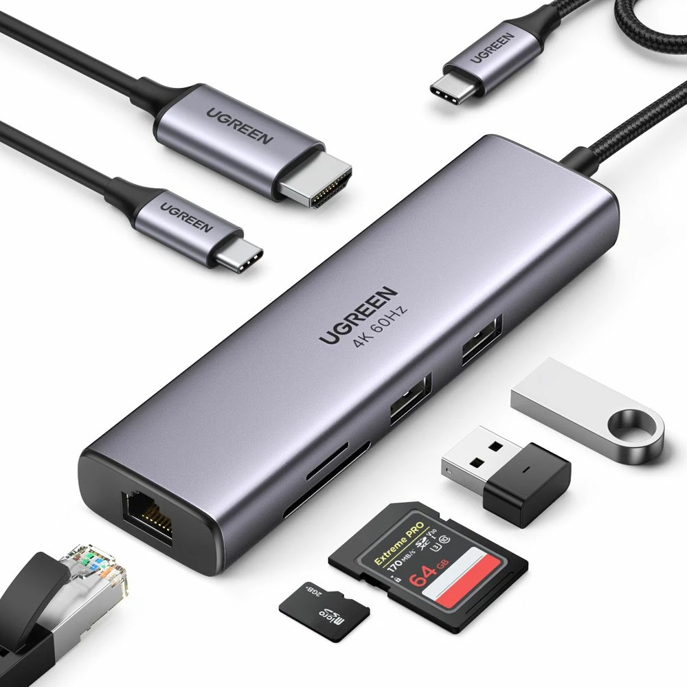 Replikator portash USB-C Ugreen CM512 (60515) 10Gbps 7-në-1 me HDMI, LAN Gigabit, SD/microSD, PD, 2x USB-A, 3x USB-C, gri