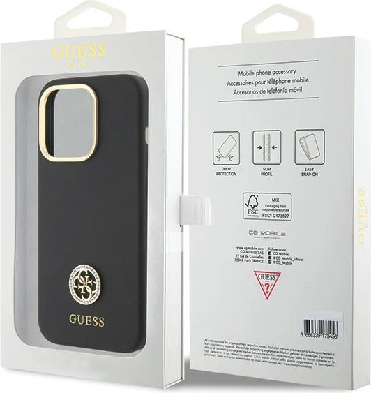 Mbështjellës Guess Silicone Logo Strass 4G për iPhone 15 Pro Max, zi
