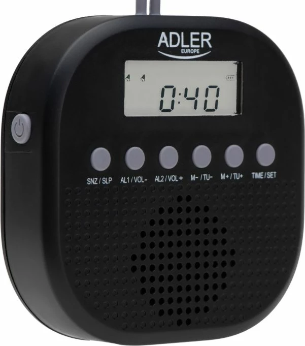radio waterproof ADLER AD1912, FM, IPX4, me orë dhe alarm të dyfishtë, me grep silikoni, e zezë