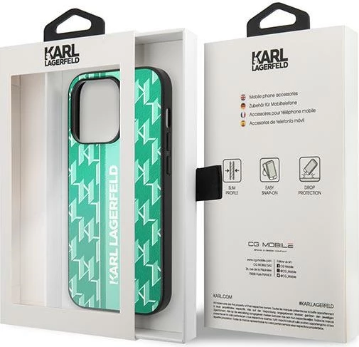 Mbështjellës Karl Lagerfeld Monogram Stripe për iPhone 14 Pro, Gjelbër