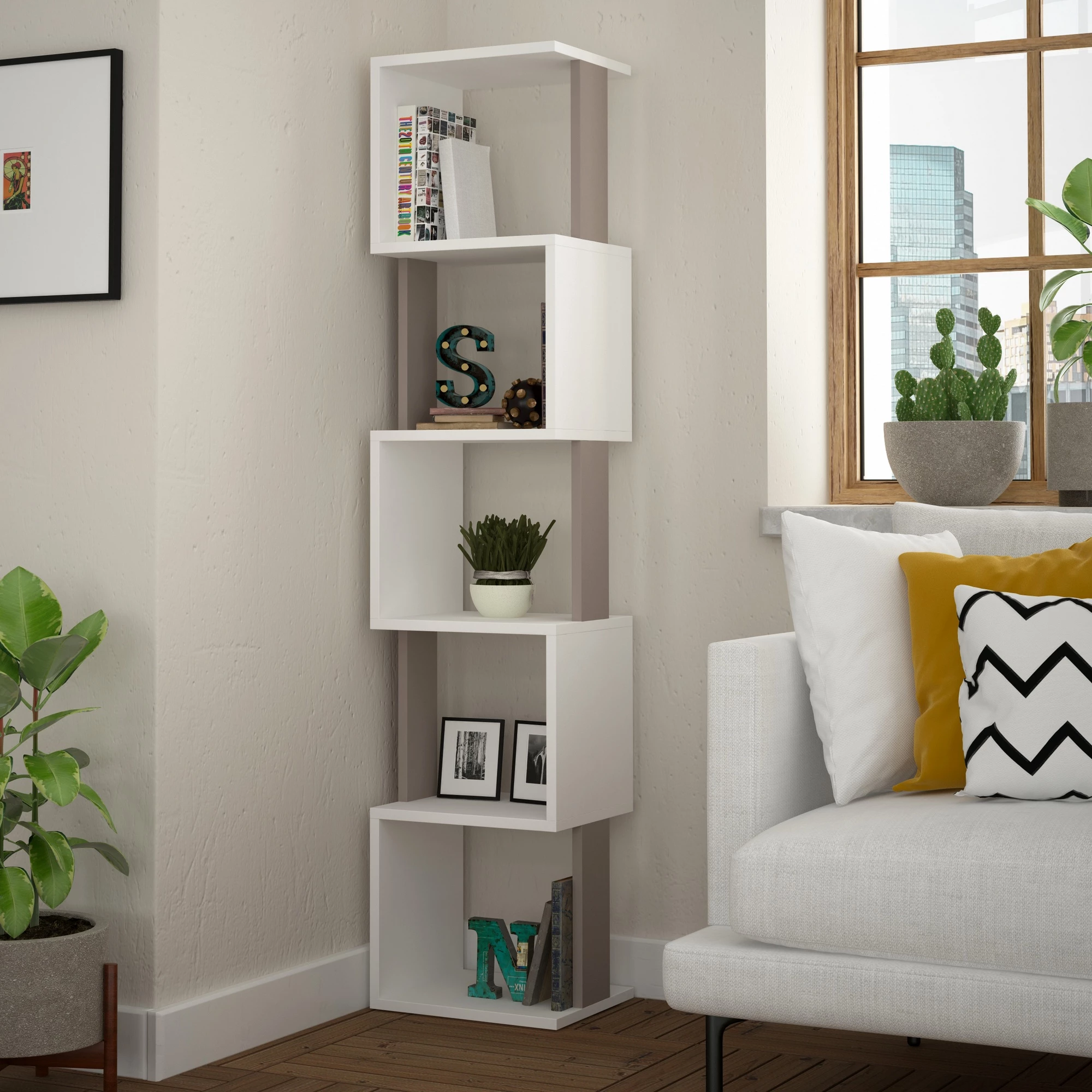 Raft librash Skye Decor, ngjyrë e bardhë dhe moka e çelët