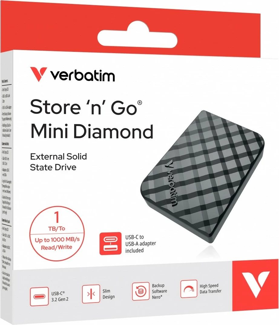 SSD i jashtëm Verbatim Store 'n' Go Mini Diamond 32025 1TB USB-C (USB 3.2 Gen 2) 1000MB/s, i zi