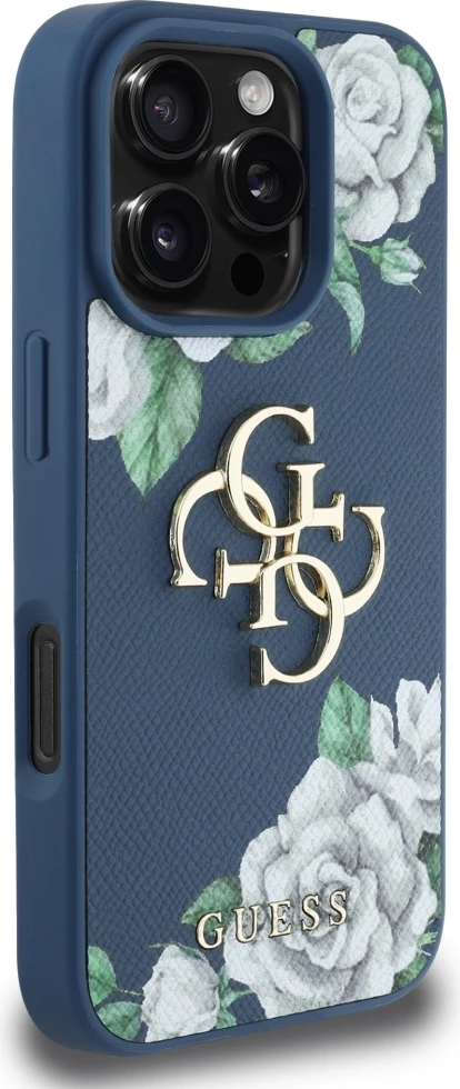 Mbështjellës Guess Grained Roses Big 4G logo për iPhone 16 Pro, Blu