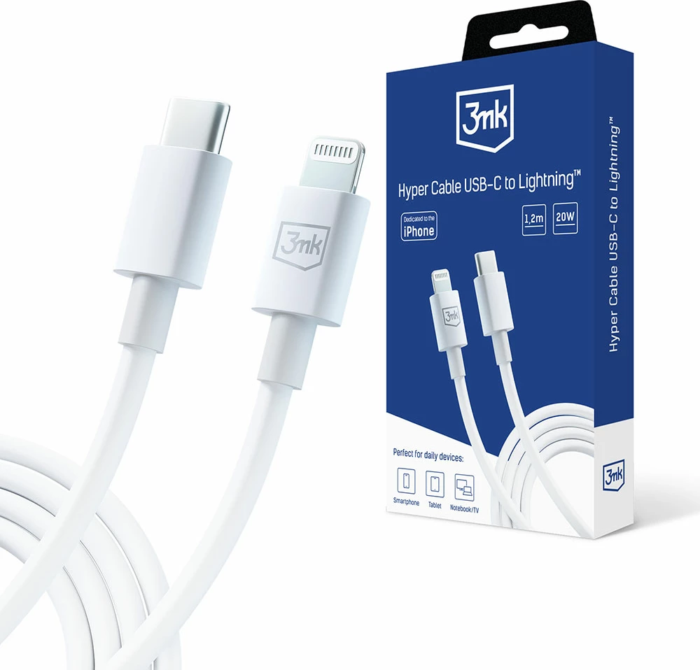 Kabllo USB-C në Lightning 3mk Hyper Cable, 1.2m, 20W, e bardhë