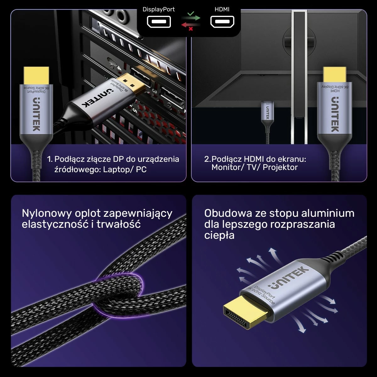Kabëll Unitek DisplayPort 1.4 në HDMI 2.1, 8K, 1.8m, zi-argjendtë