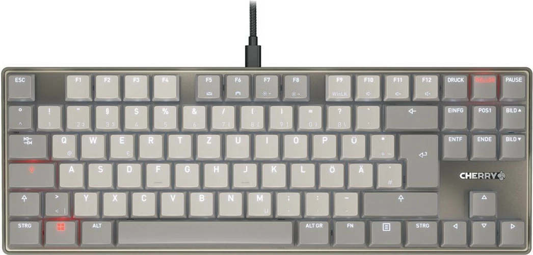 Tastierë mekanike Cherry MX, TKL 88 taste, USB me kabllo, ndriçim i bardhë, QWERTZ (DE), gri/bardhë