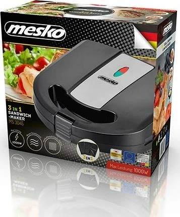 Toster 3-në-1 Adler MS 3045, 1000 W, me 3 pllaka ndërruese (sanduiç/waffle/grill), i zi