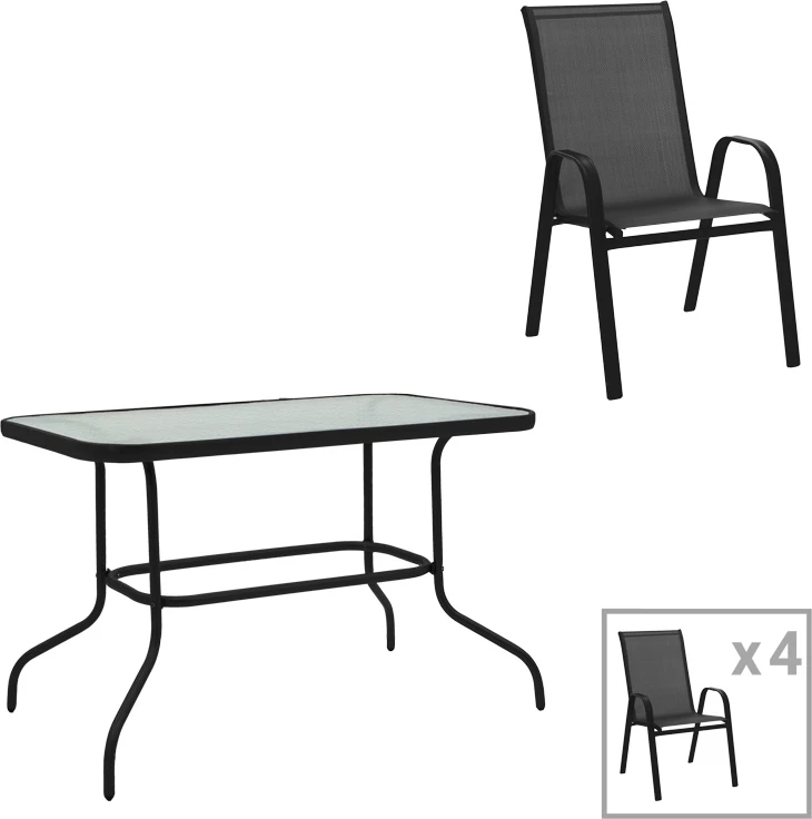 Tavolinë me karrige për terasë Valor-Calan, set prej 5 pjesësh, metal i zi-xham-tekstilen i zi, 110x60x70cm