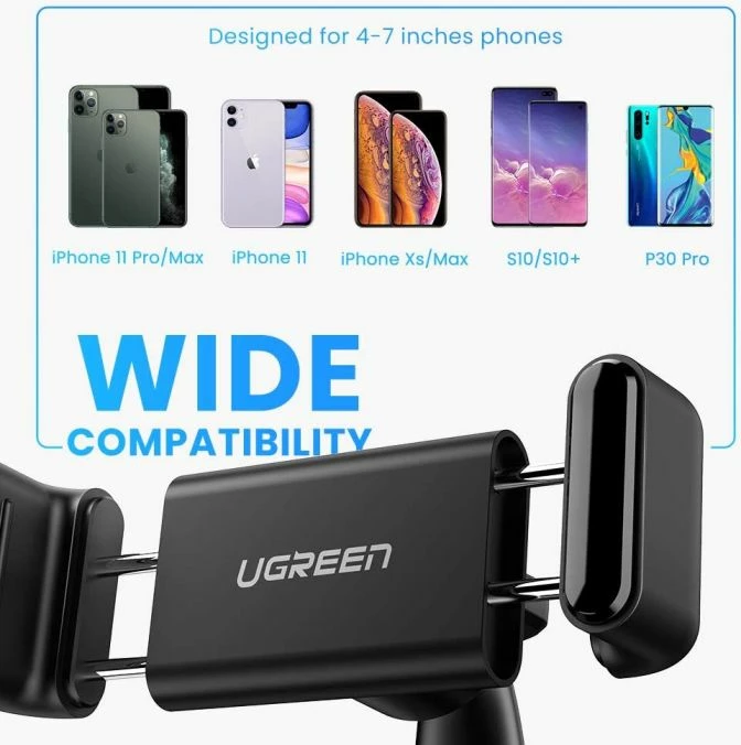 Mbajtëse telefoni për veturë UGREEN 60796, HUD me klip, 4-7 inç, rrotullim 360°, e zezë