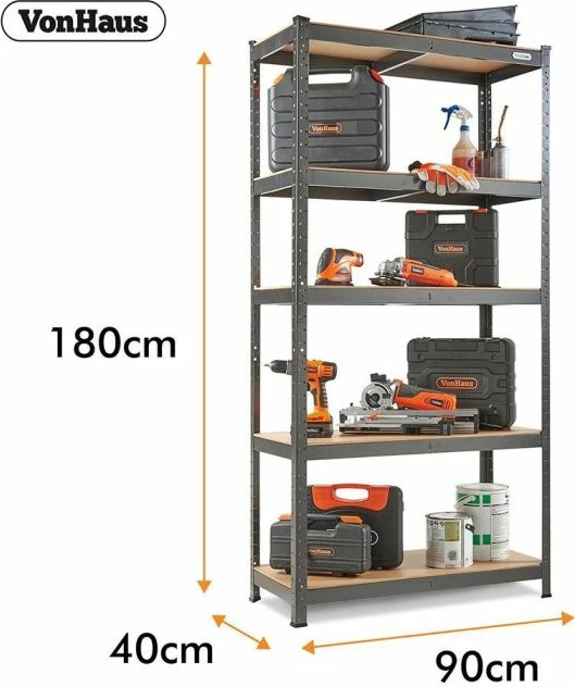 Raft metalik, VonHaus, HAMMERITE, 5 nivele, 90x40x180 cm, 875 kg, gri