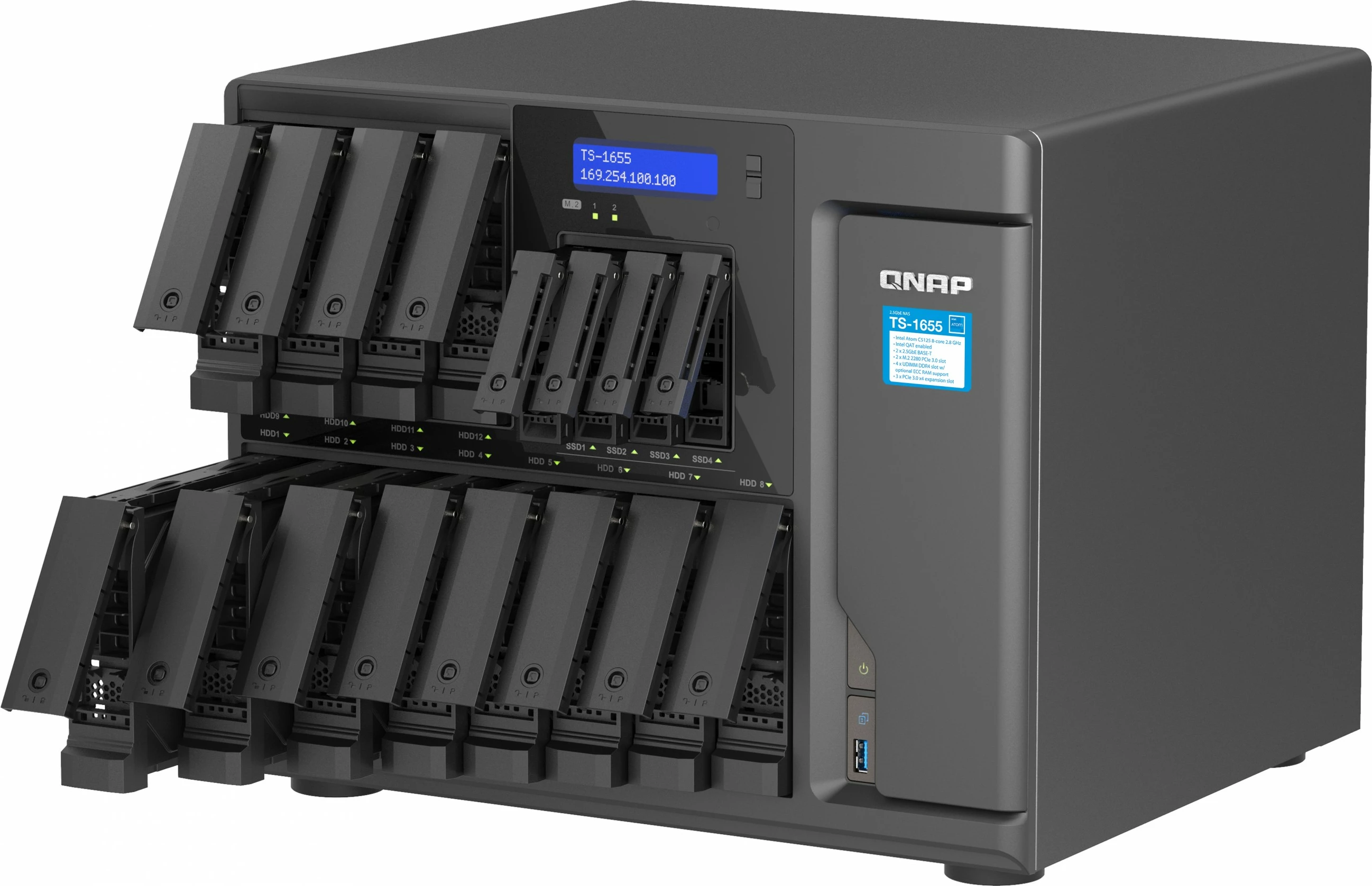 NAS QNAP TS-1655-8G, Intel Atom C5125, 16 vende për disqe, 8GB RAM, e zezë