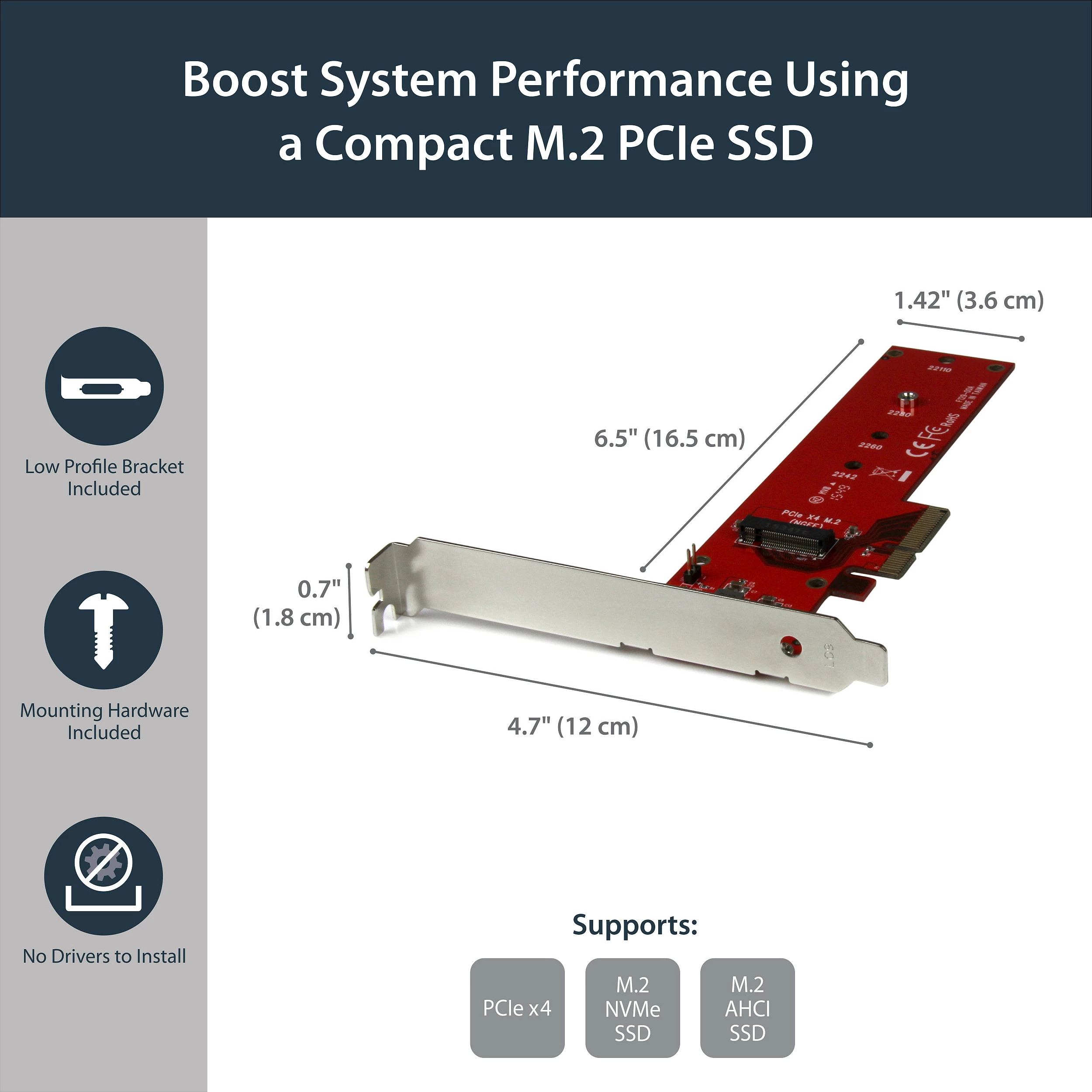 Adapter PCIe në M.2 NVMe SSD StarTech PEX4M2E1, PCIe 3.0 x4, full-height/low-profile, i kuq