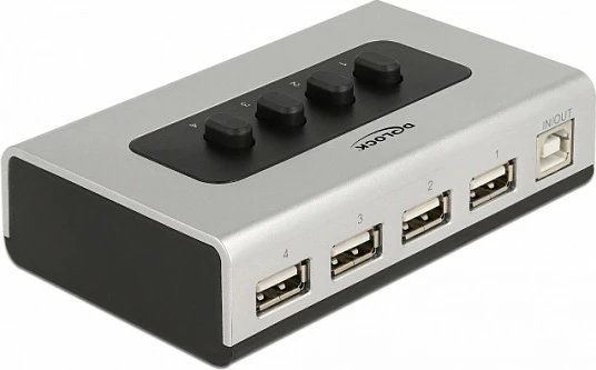Switch USB 2.0 DeLOCK 1x USB-B në 4x USB-A, manual bidireksional, zi/argjend