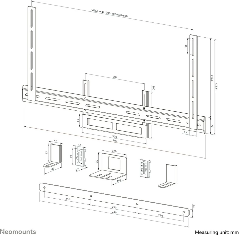 Mbajtës videobar universal Newstar AV2-500BL, 43", VESA 200x200-800x600, 10 kg, e zezë