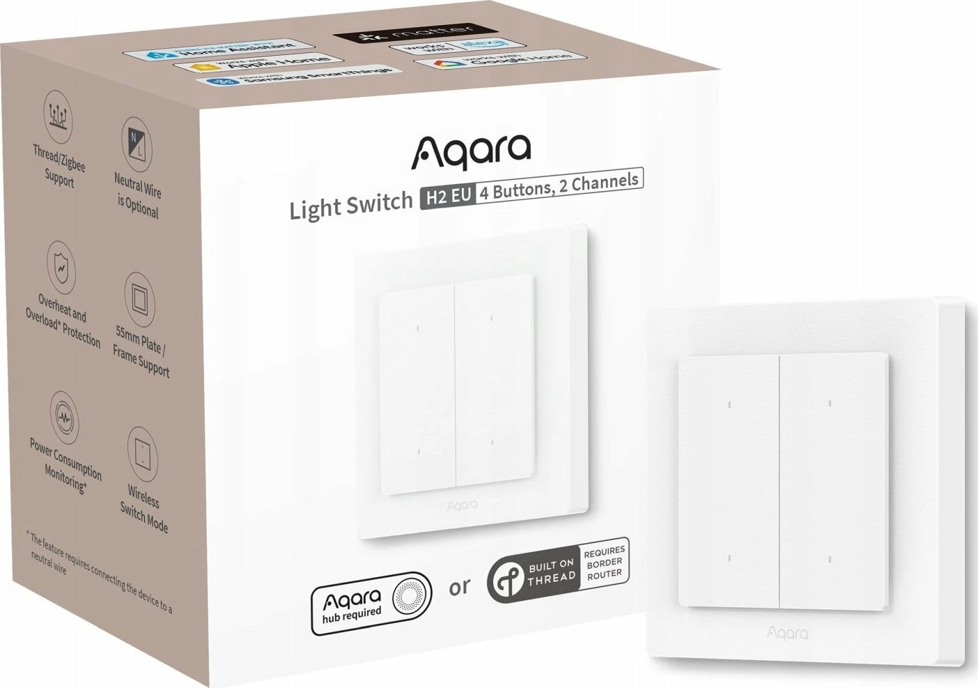 Ndërprerës i mençur drite Aqara Light Switch H2 EU Double, 2 kanale, Matter over Thread/Zigbee, 55x55 mm, bardhë