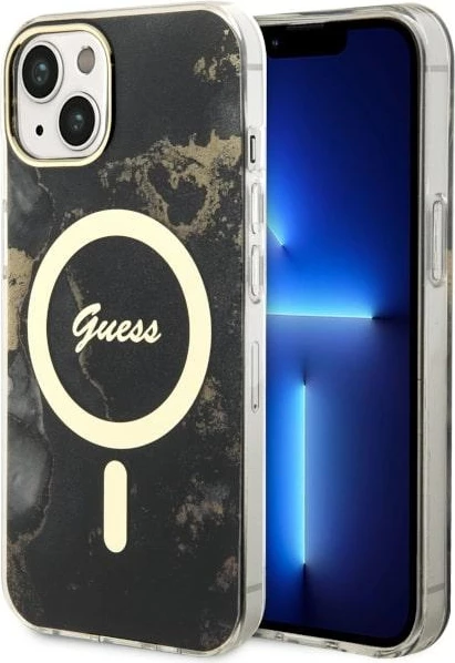 Mbështjellës Guess Golden Marble për iPhone 14 6.1", MagSafe, i zi