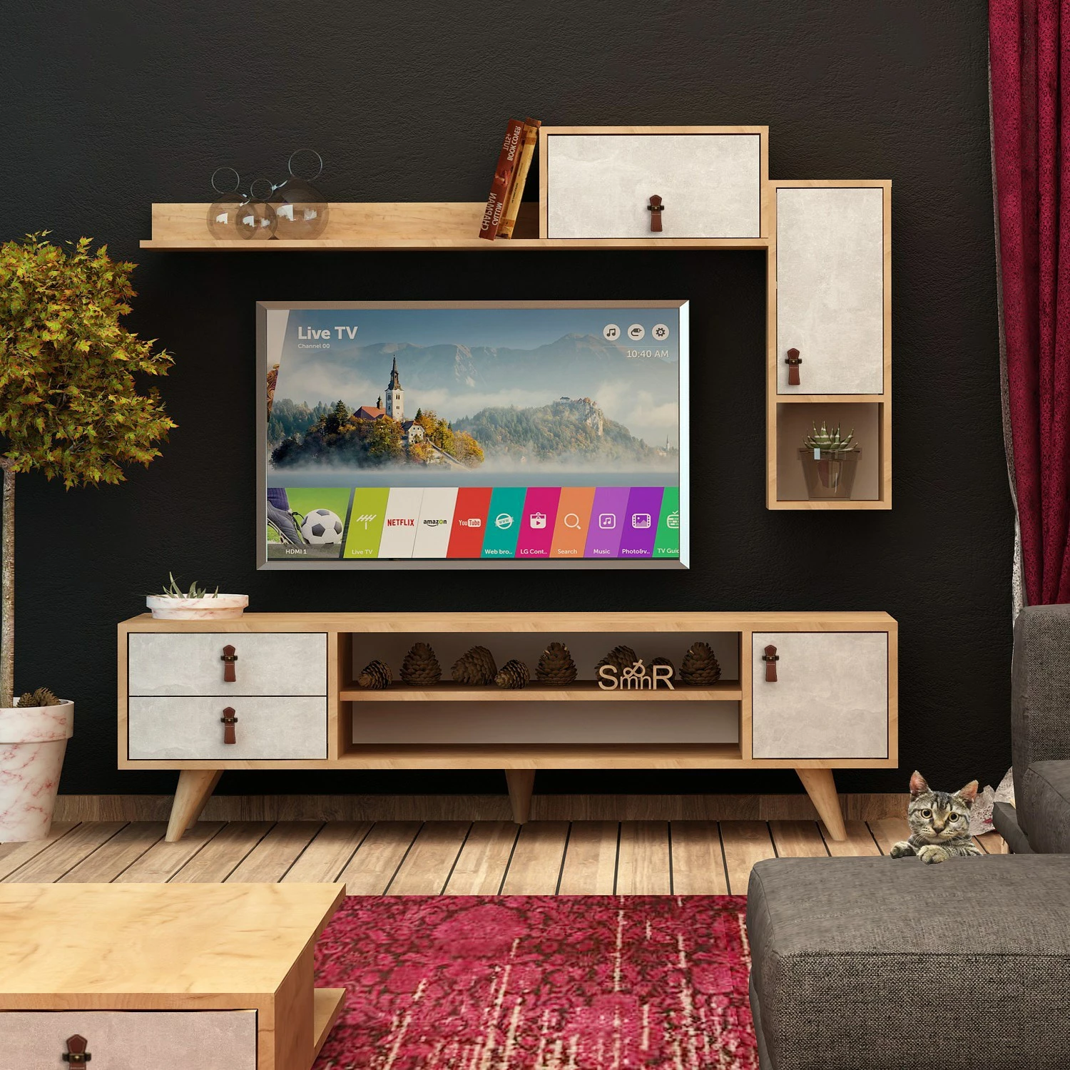 Komodë TV Hanah Home, Eleva, ngjyrë lis dhe e bardhë