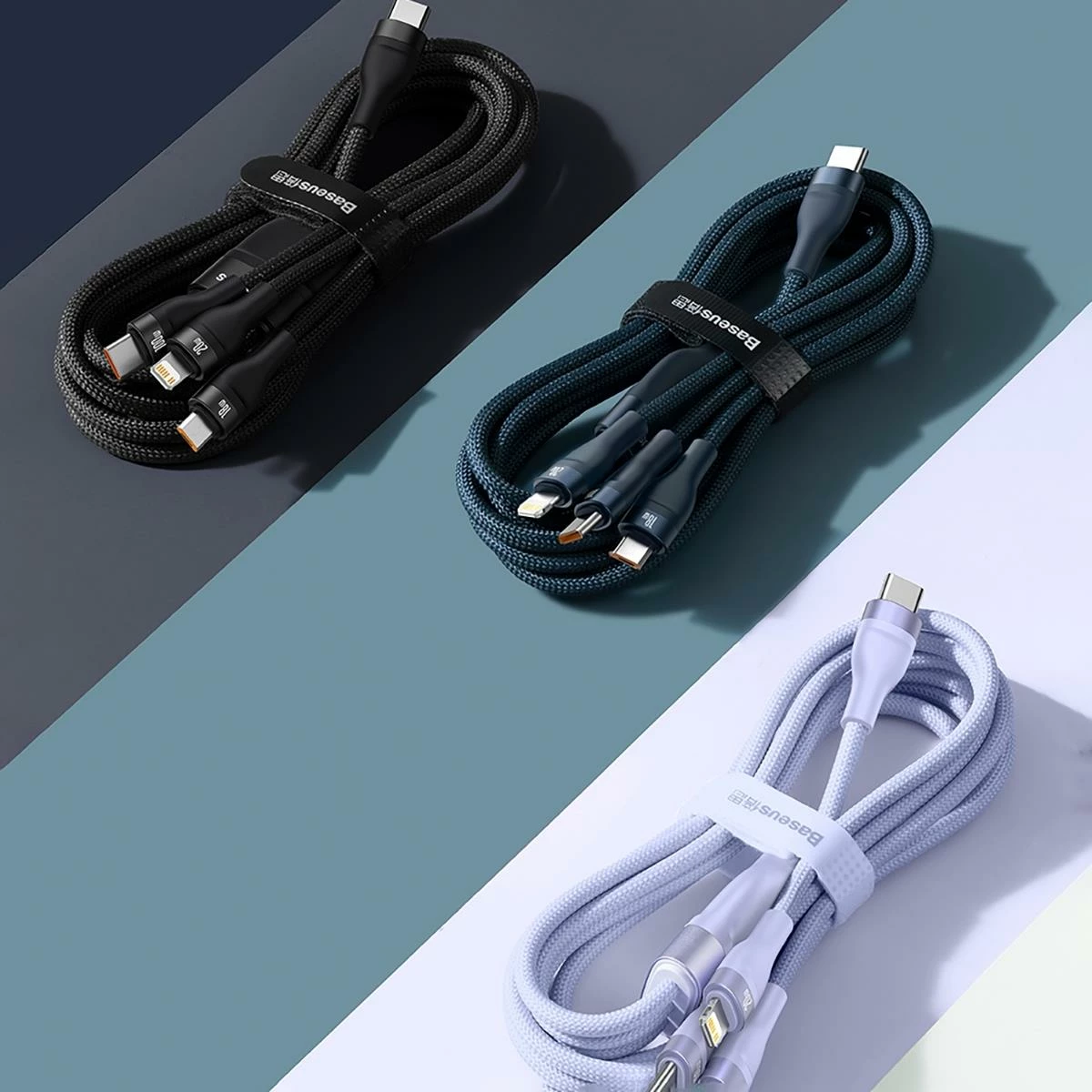 Kabllo 3-në-1 Baseus Flash Series II, 1.5m, 100W, USB-A/USB-C/Lightning/Micro USB, Blu