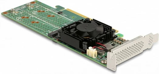 Kartë adapter PCIe x16 DeLOCK për 4x M.2 NVMe Key M, low profile, me ventilator, e gjelbër