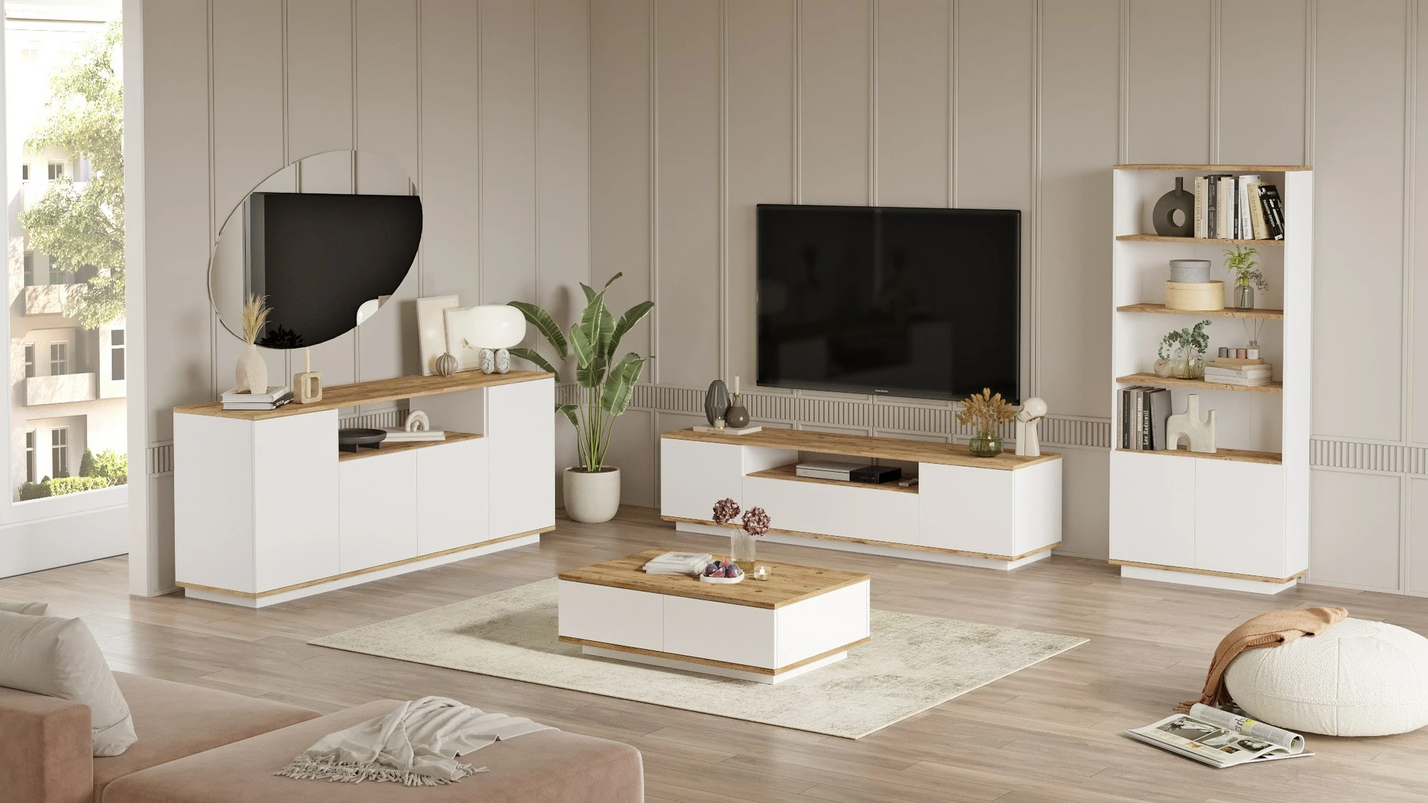 Set mobiljesh për dhomë dite, Skye Decor, Fr19-Aw, ngjyrë pishë Atlantike dhe e bardhë