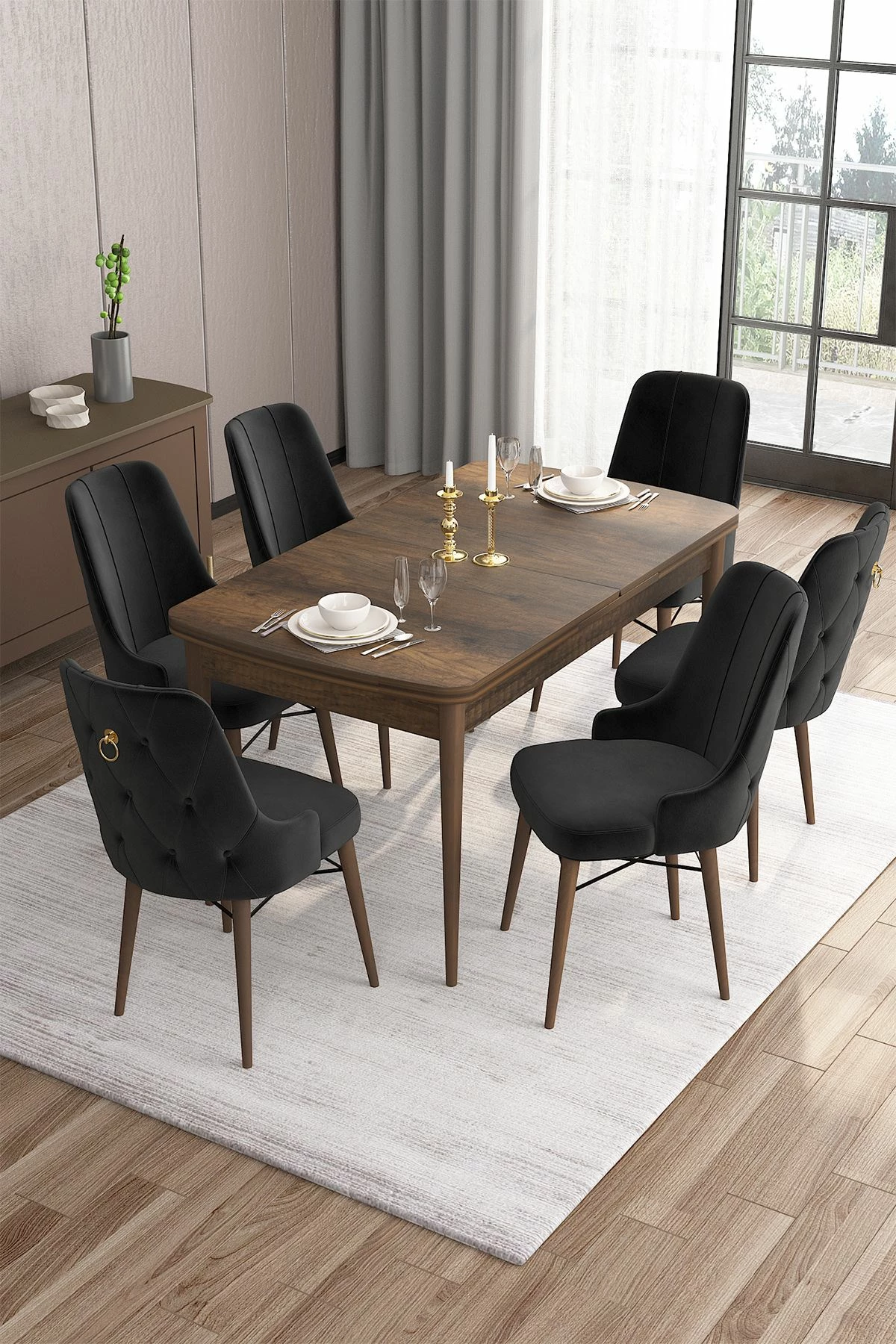 Set tavoline me karrige për ngrënie, zgjatues, 7 copë, Skye Decor, Barok, e zezë
