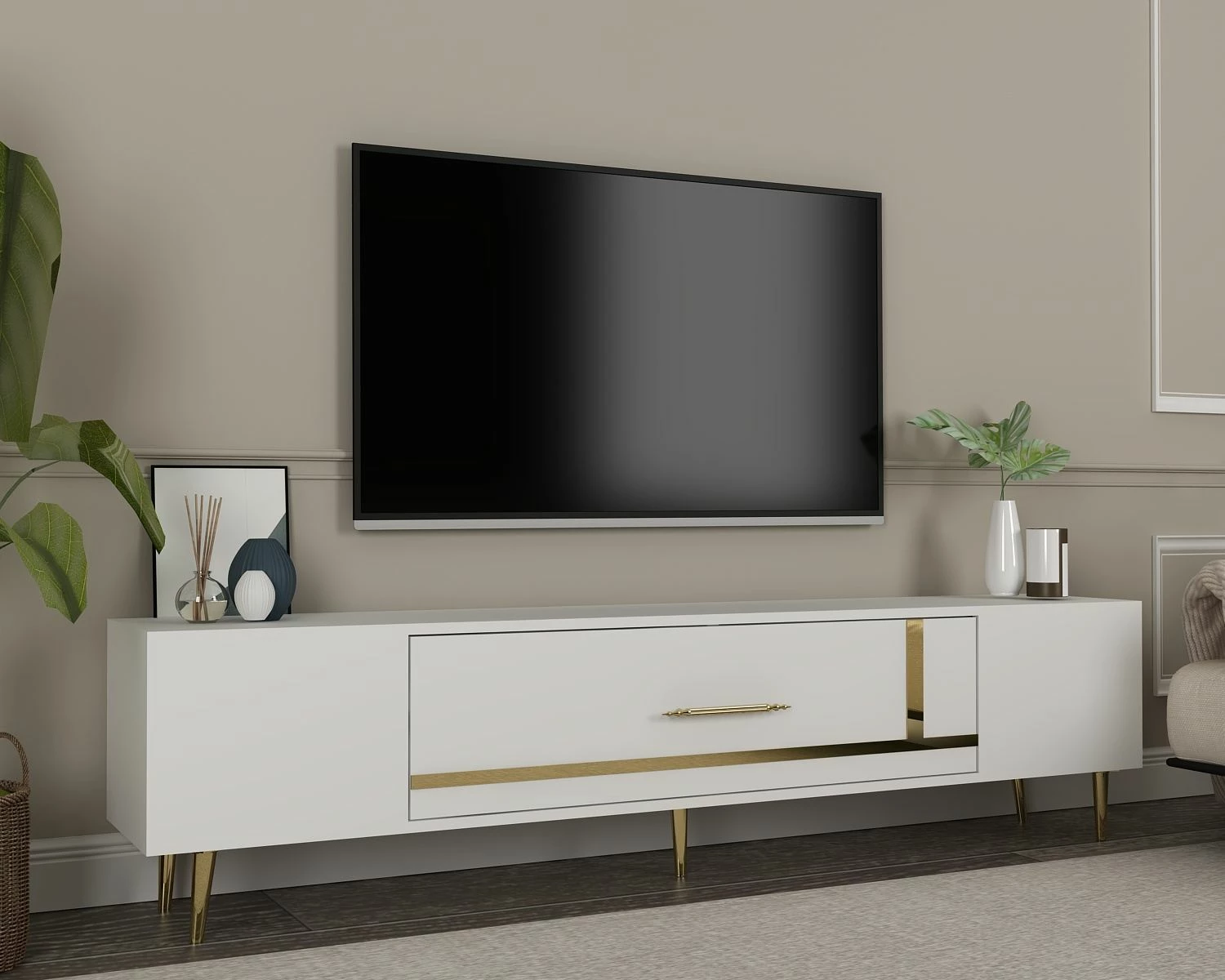 Komodë TV, ngjyrë e bardhë dhe ari, Skye Decor, Dekop1