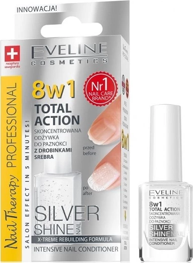 Kondicioner për thonj Eveline Cosmetics Nail Therapy Professional 8w1 Total Action Silver Shine, 12ml argjendtë