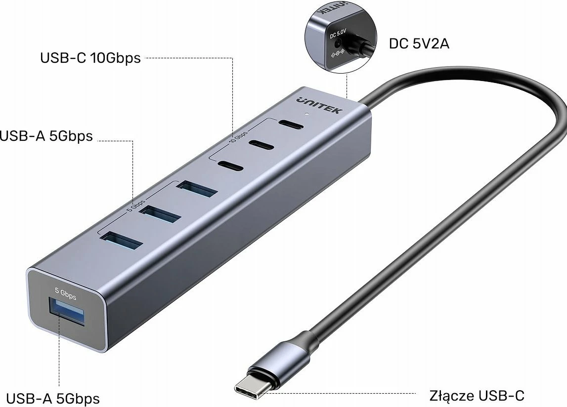Hub USB-C Unitek Active, 3x USB-C 10Gbps + 4x USB-A 5Gbps, me adapter rryme, gri