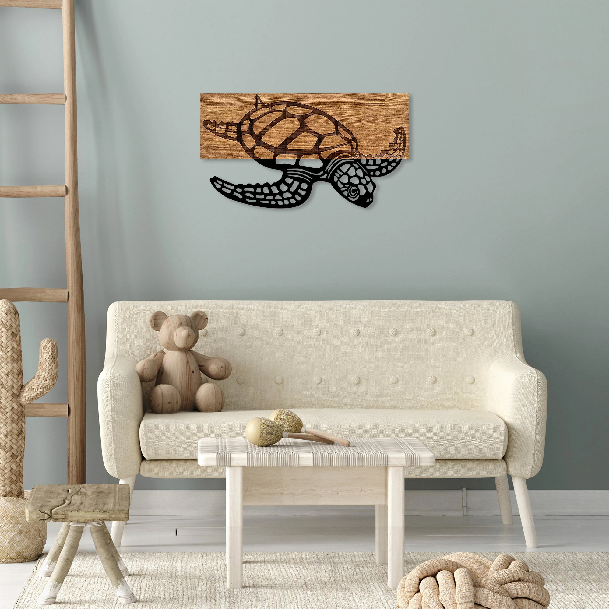 Aksesor dekorativ prej druri për mur, Caretta Caretta, Wallity - 314, ngjyrë e zezë dhe arre, 58x3x32cm