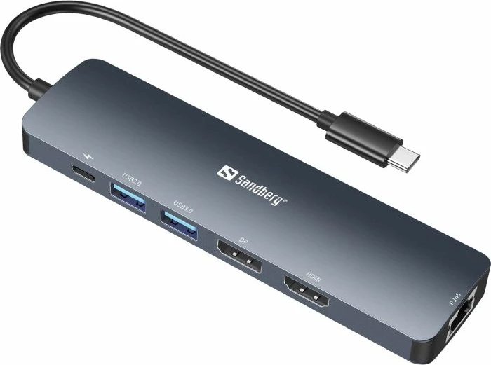 Docking station USB-C Sandberg 136-43, 8K, HDMI + DisplayPort, 2x USB 3.0, RJ45, USB-C PD 100W, gri e errët