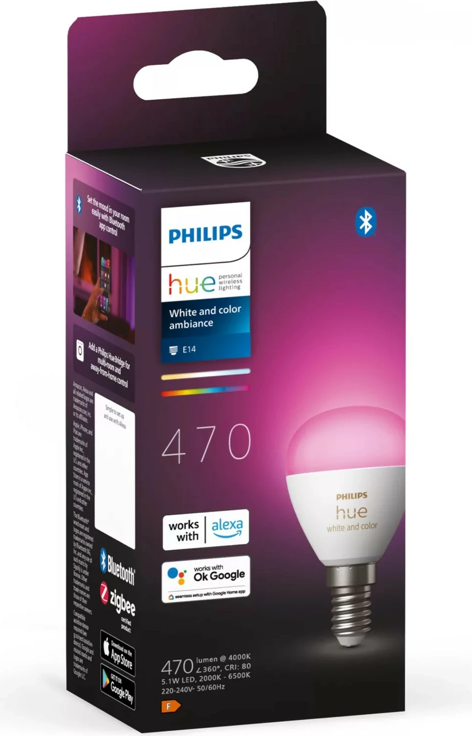 Llambë e mençur Philips Hue Lustre P45 E14, LED, Bluetooth/Zigbee, Bardhë