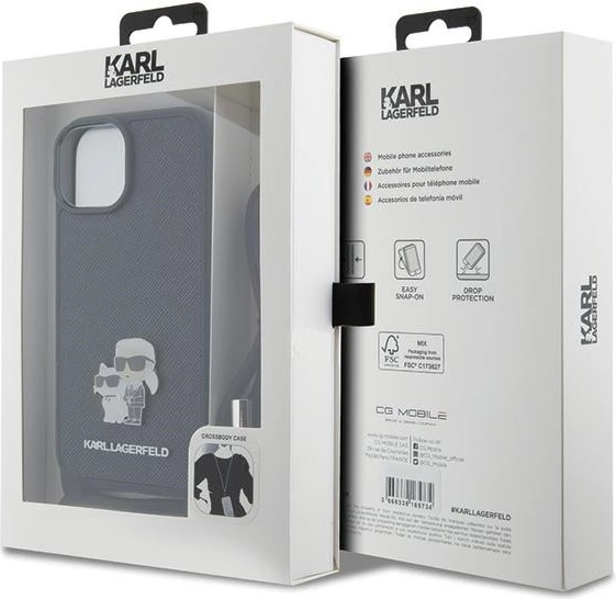 Mbështjellës Karl Lagerfeld Crossbody Saffiano Metal Pin Karl & Choupette për iPhone 15, i zi