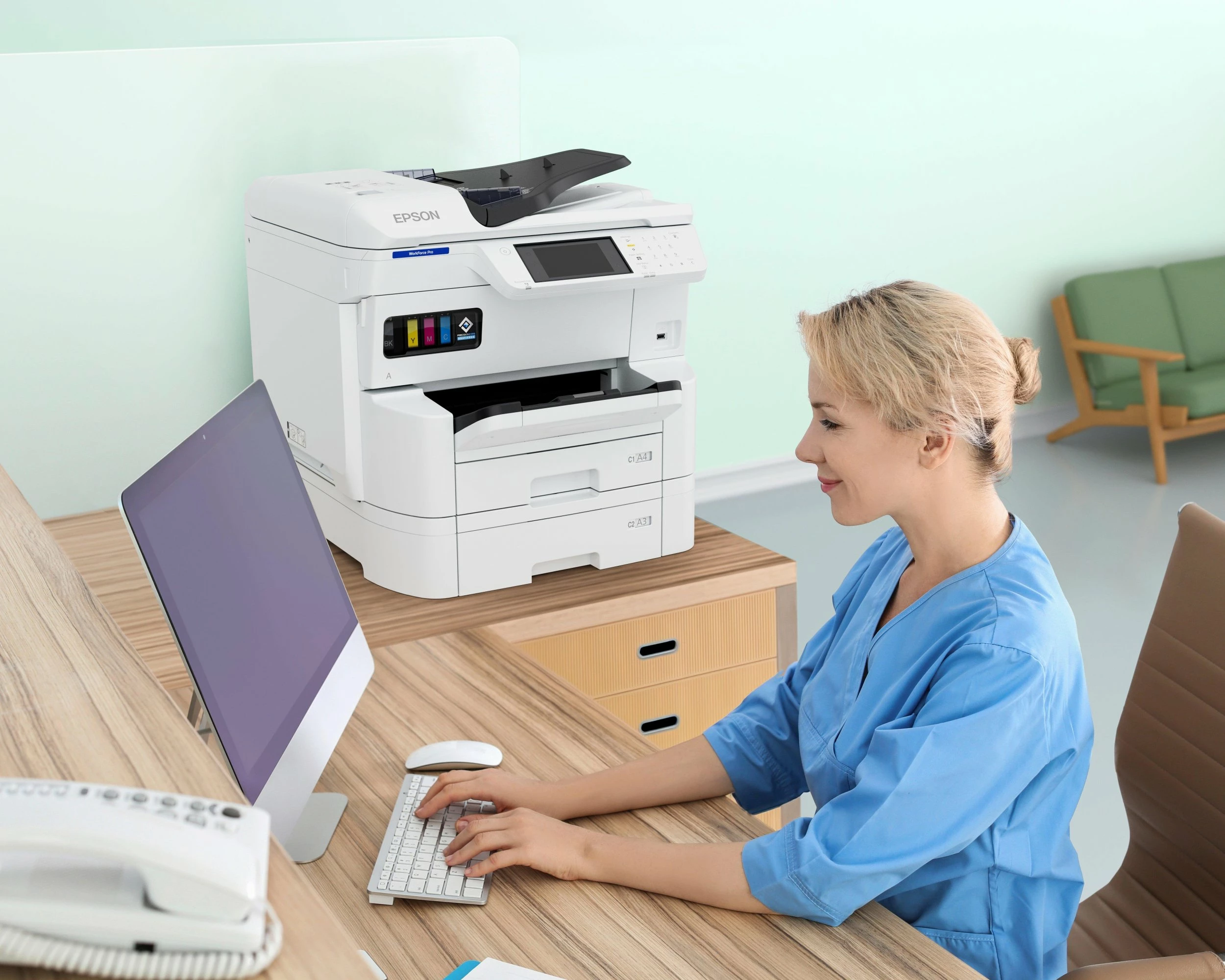 Printer multifunksional Epson WorkForce Pro EM-C7100DWF C11CL35401, inkjet A3+, CISS, Wi‑Fi, Duplex, Fax, i bardhë