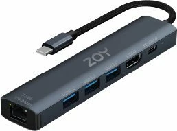 Hub USB-C ZOY ZH61 6-në-1, HDMI 4K, LAN Gigabit, PD 100W, 3x USB 3.0, i zi