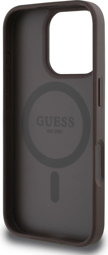 Mbështjellës Guess Grained Hot Stamp Peony Triangle Logo MagSafe për iPhone 16 Pro, Kafe