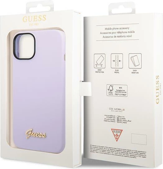 Mbështjellës Guess GUHCP14SSLSMU për iPhone 14 6.1", silikon, Vintage Gold Logo, vjollcë