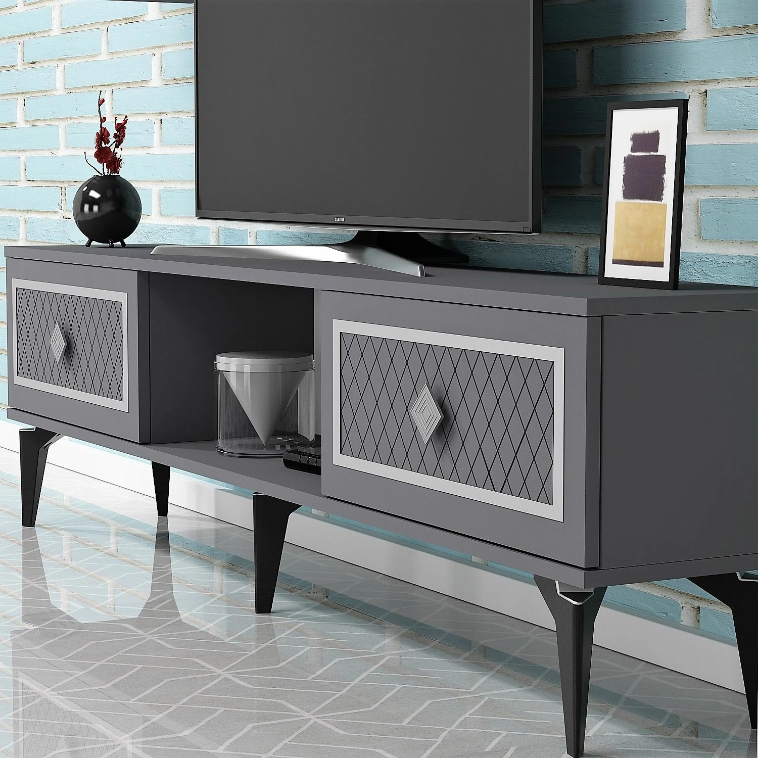 Komodë TV Skye Decor, ngjyrë antracit, argjend