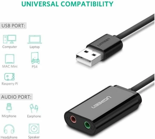 Adapter audio USB 2.0 në 3.5mm UGREEN 30724, dalje kufjesh + hyrje mikrofoni, 15cm, e zezë, me kuti
