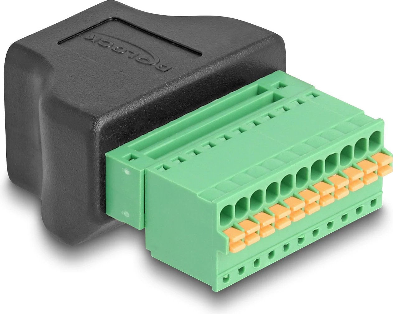 Adapter RJ50 DeLOCK në terminal block 11-pin, me buton, zi/jeshil