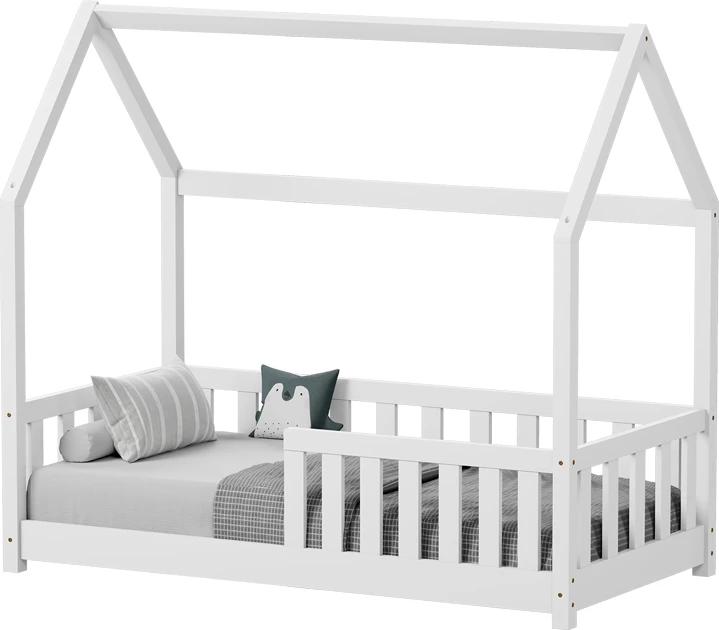 Krevat për fëmijë Montessori me parmakë, dru pishe, ngjyrë e bardhë, 70x140cm