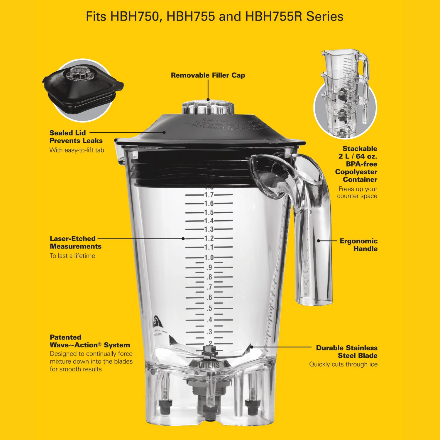 Enë blenderi Hamilton Beach Commercial Eclipse 6126-755R 2 L copoliester, për HBH750/HBH755/HBH755R