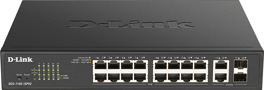 Switch D-Link DGS-1100-18PV2, 16x Gigabit PoE + 2x SFP, Smart Managed L2, Rack 1U, i zi