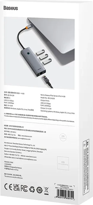 Kasë USB-C Baseus UltraJoy, 4 porte (3x USB 3.0 + RJ45), Gri