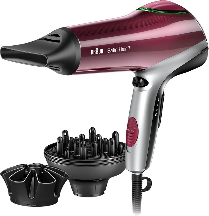 Tharëse flokësh, Braun, Satin Hair 7 Color HD770, 2200 W, IONTEC, 6 kombinime temperaturë/rrymë ajri, me difuzor dhe grykë Color Saver, burgundy